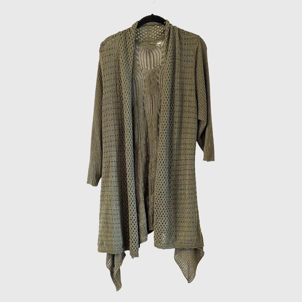 Olive Green Open Knit Handkerchief Hem Cardigan Sweater Forest Fairy Boho M L